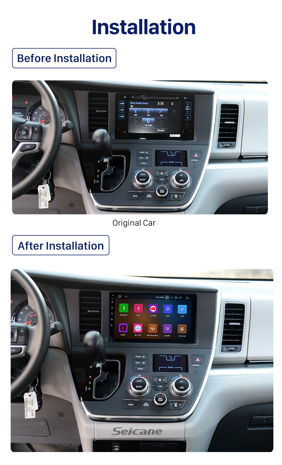 Seicane Aftermarket Android 10.0 Radio GPS Navigation system for 2015-2018 Toyota Sienna with Capacitive Touch Screen TPMS DVR OBDII Control USB Bluetooth 3G WiFi Video AUX Rear camera Seicane Aftermarket Android 10.0 Radio GPS Navigation system for 2015-2018 Toyota Sienna with Capacitive Touch Screen TPMS DVR OBDII Control USB Bluetooth 3G WiFi Video AUX Rear camera