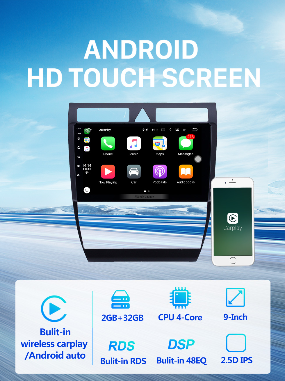 Seicane OEM 9 inch Android 10.0 Radio for 1997-2004 Audi A6 S6 RS6 Bluetooth HD Touchscreen GPS Navigation AUX USB support Carplay DVR OBD Rearview camera