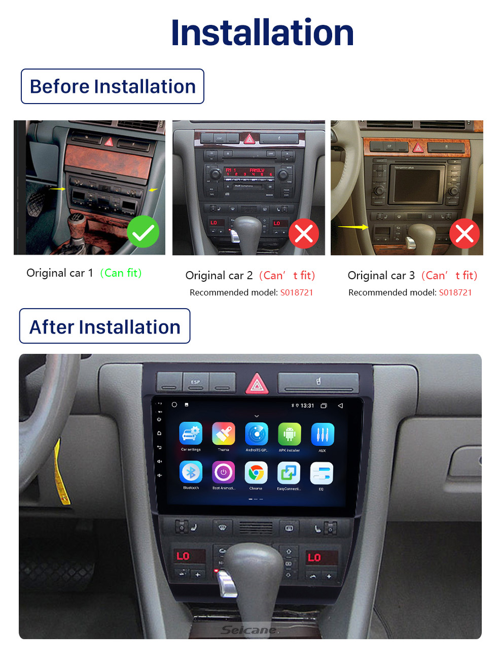 Seicane OEM 9 inch Android 10.0 Radio for 1997-2004 Audi A6 S6 RS6 Bluetooth HD Touchscreen GPS Navigation AUX USB support Carplay DVR OBD Rearview camera Seicane OEM 9 inch Android 10.0 Radio for 1997-2004 Audi A6 S6 RS6 Bluetooth HD Touchscreen GPS Navigation AUX USB support Carplay DVR OBD Rearview camera