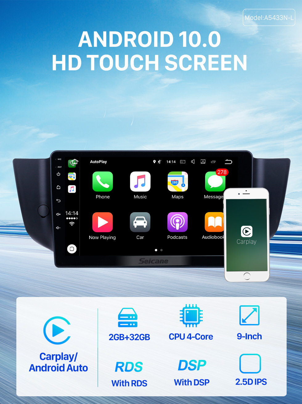 Seicane Tela sensível ao toque HD 2010-2015 MG6 / 2008-2014 Roewe 500 Android 10.0 9 polegadas Navegação GPS Rádio Bluetooth AUX Suporte de reprodução Câmera traseira