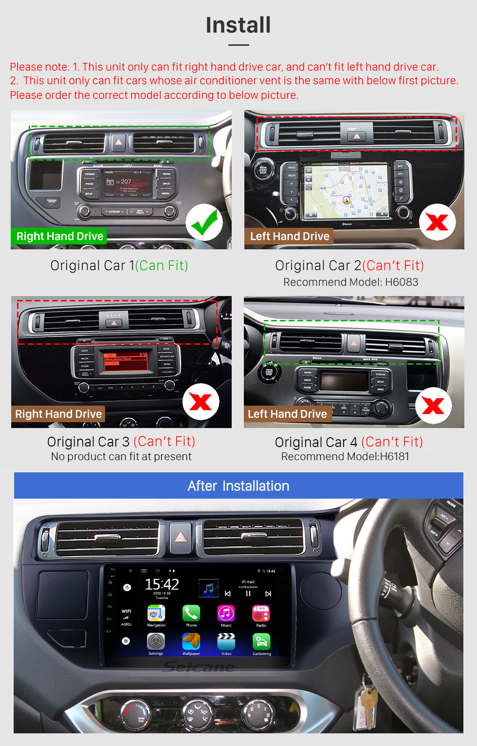 Seicane 9 pouces Android 10.0 pour KIA K3 RIO RHD 2012-2014 Système de navigation radio GPS avec support Bluetooth à écran tactile HD Carplay OBD2