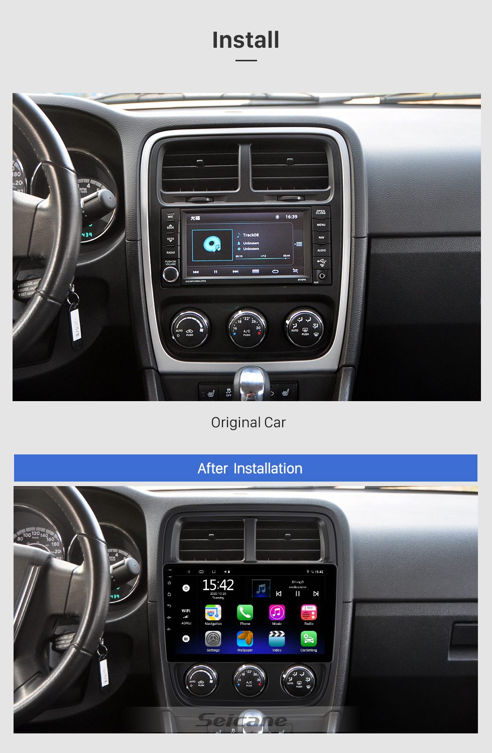 Seicane OEM 9 pulgadas Android 13.0 para 2010 2011 2012 DODGE CALIBER Radio con Bluetooth HD Pantalla táctil Sistema de navegación GPS compatible con Carplay DAB +