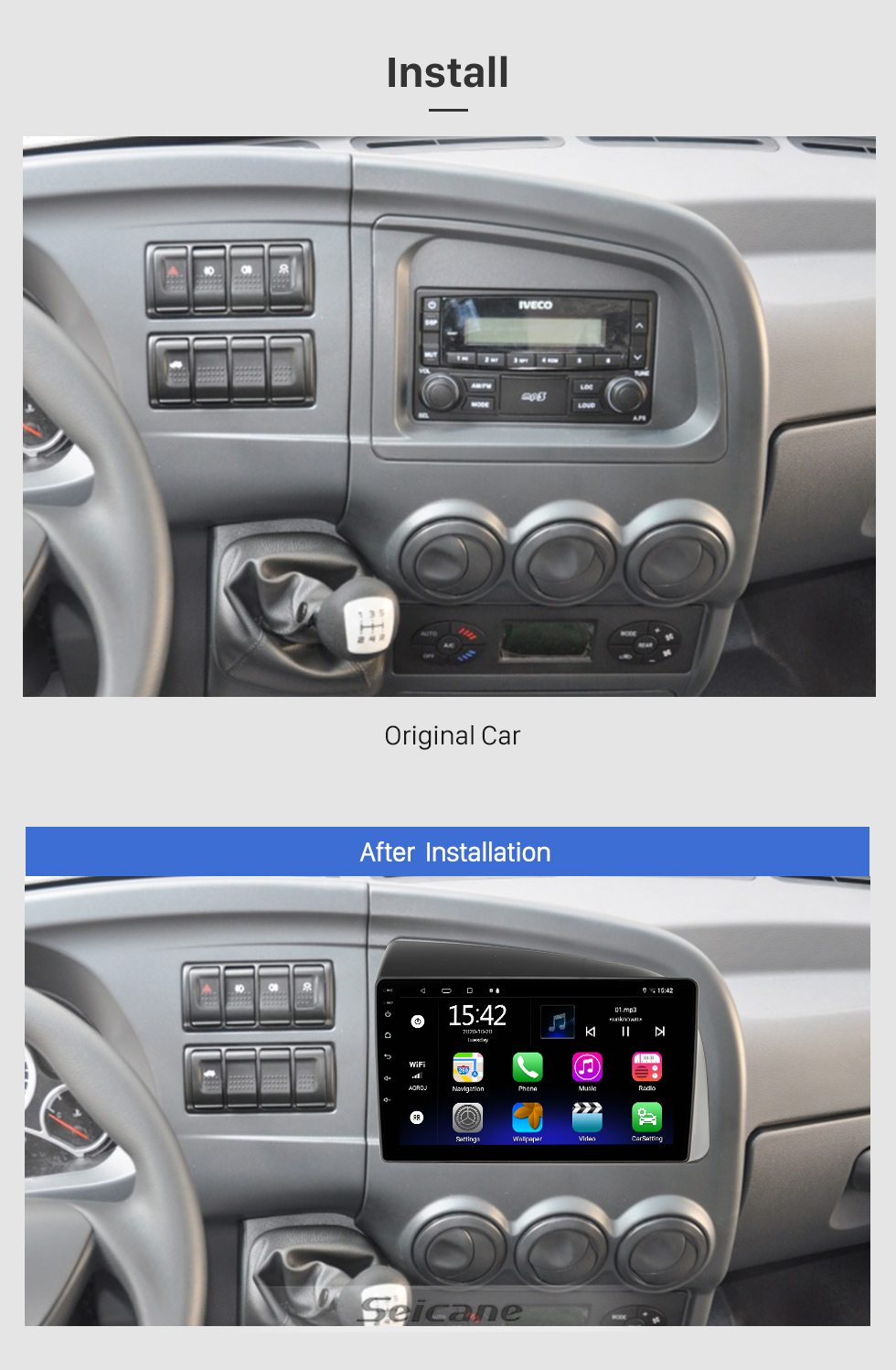 Seicane Android de 9 polegadas 10.0 para IVECO BRONTE LHD 2014-2016 Sistema de navegação GPS por rádio com tela sensível ao toque HD com suporte para Bluetooth Carplay OBD2