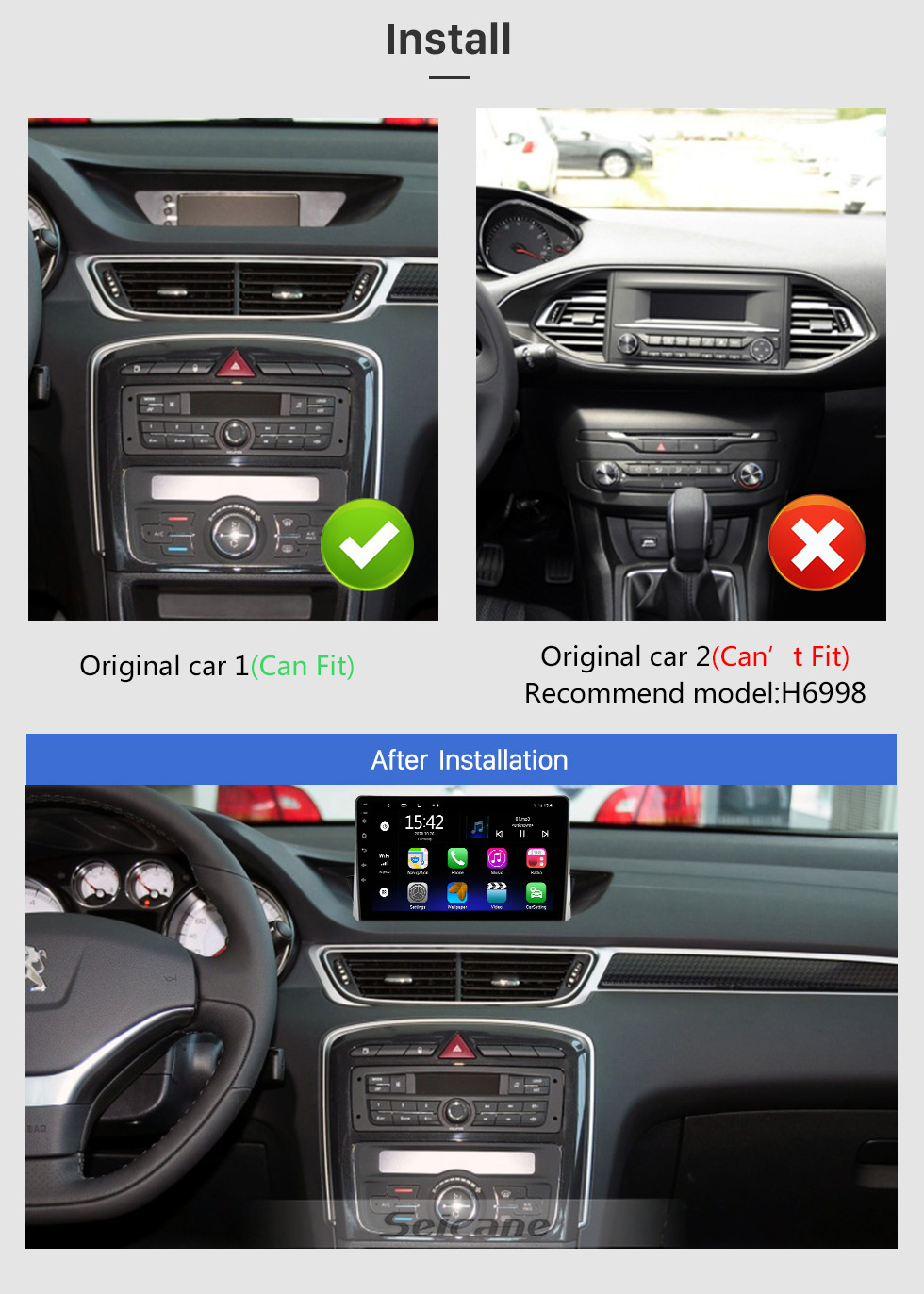 Seicane Android de 9 polegadas 10.0 para PEUGEOT 308 LHD 2012-2014 Sistema de navegação por rádio GPS com tela sensível ao toque HD com suporte para Bluetooth Carplay OBD2