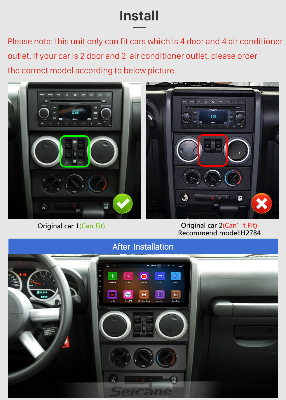 Seicane 9 pouces Android 11.0 pour JEEP WRANGLER RUBICON 4 PORTES 2008-2010 Radio Système de navigation GPS avec écran tactile HD Prise en charge Bluetooth Carplay OBD2