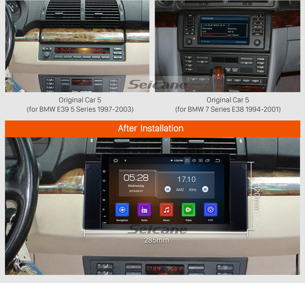 Seicane 9 Zoll in Dash 1996-2003 BMW 5er E39 520i 523i 525i M5 Android 9.0 GPS Navigationssystem mit 1024 * 600 Touchscreen 3G WiFi TPMS USB DVR OBDII Rückfahrkamera AUX