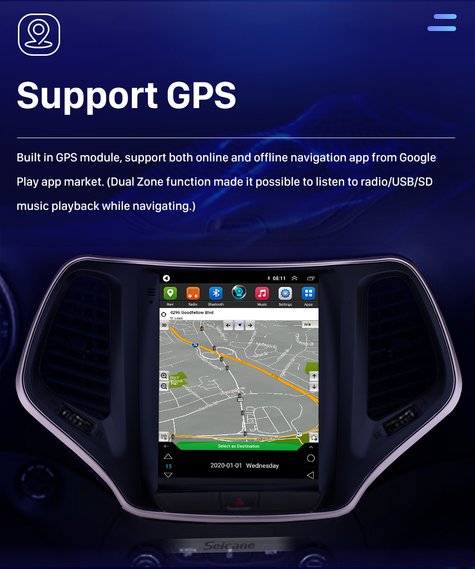 Seicane 9.7 inch HD Touch Screen 2016 2017 2018 Jeep Cherokee Android 10.0 Radio GPS Navigation Bluetooth Music USB WIFI Audio system Support DVR OBD2 TPMS Digital TV Seicane 9.7 inch HD Touch Screen 2016 2017 2018 Jeep Cherokee Android 10.0 Radio GPS Navigation Bluetooth Music USB WIFI Audio system Support DVR OBD2 TPMS Digital TV