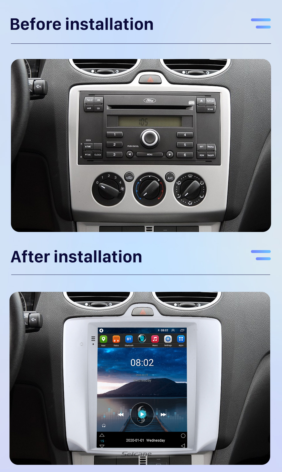 Seicane 2005-2014 Ford Classic Focus 9.7 inch Android 10.0 GPS Navigation Radio with HD Touchscreen Bluetooth WIFI AUX support Carplay Rearview camera Seicane 2005-2014 Ford Classic Focus 9.7 inch Android 10.0 GPS Navigation Radio with HD Touchscreen Bluetooth WIFI AUX support Carplay Rearview camera