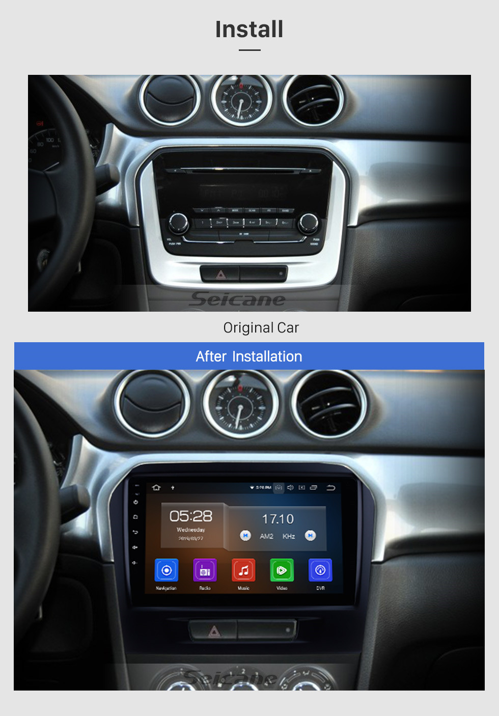Seicane 2015 2016 Suzuki Vitara Android 9.0 Radio DVD player GPS navigation system with HD 1024*600 touch screen Mirror link OBD2 DVR TV 1080P Video WIFI Steering Wheel Control Bluetooth USB backup camera Seicane 2015 2016 Suzuki Vitara Android 9.0 Radio DVD player GPS navigation system with HD 1024*600 touch screen Mirror link OBD2 DVR TV 1080P Video WIFI Steering Wheel Control Bluetooth USB backup camera