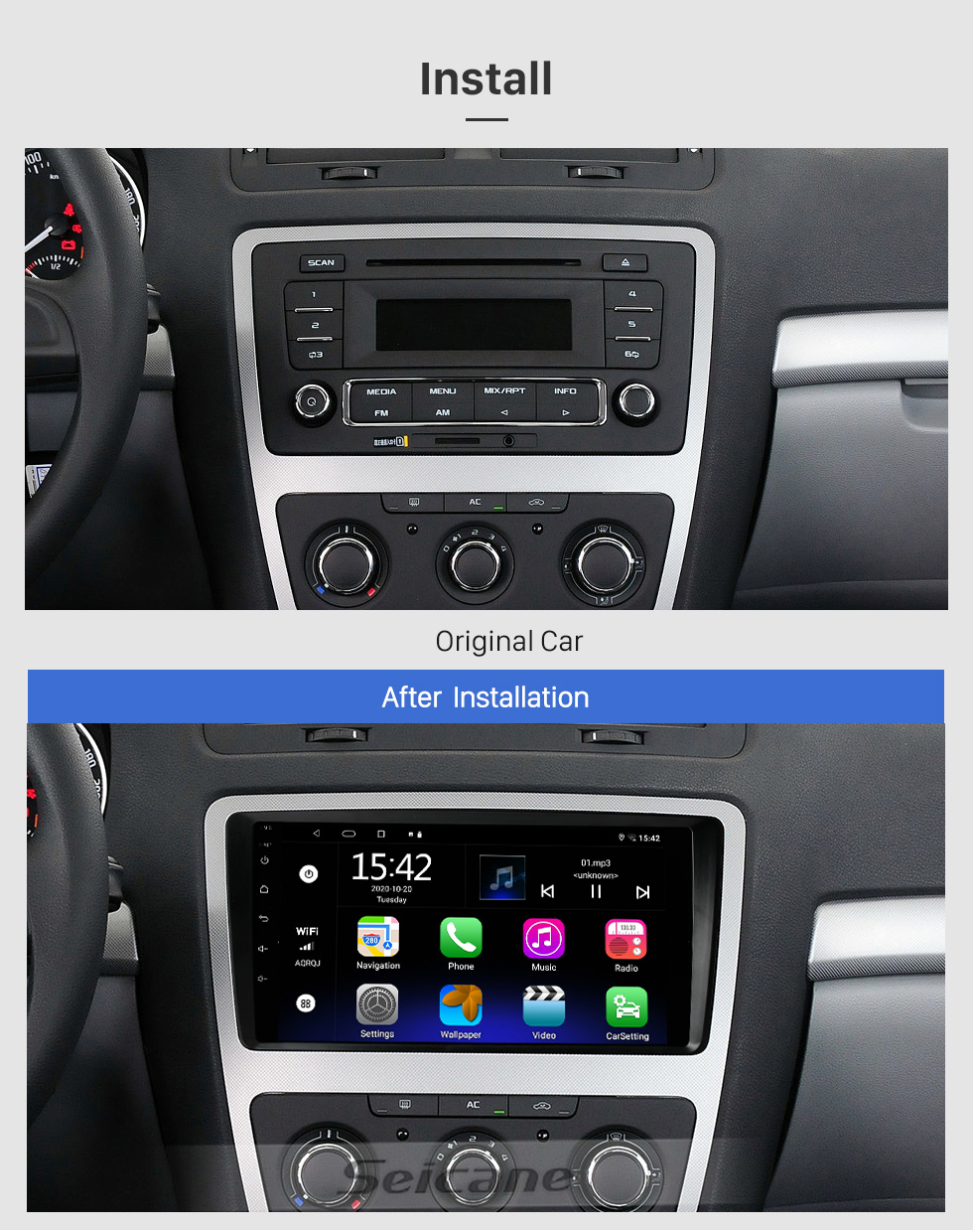 Seicane Android 10.0 HD écran tactile 9 pouces pour SKODA OCTAVIA 2014 Radio Système de navigation GPS avec prise en charge Bluetooth Caméra arrière Carplay