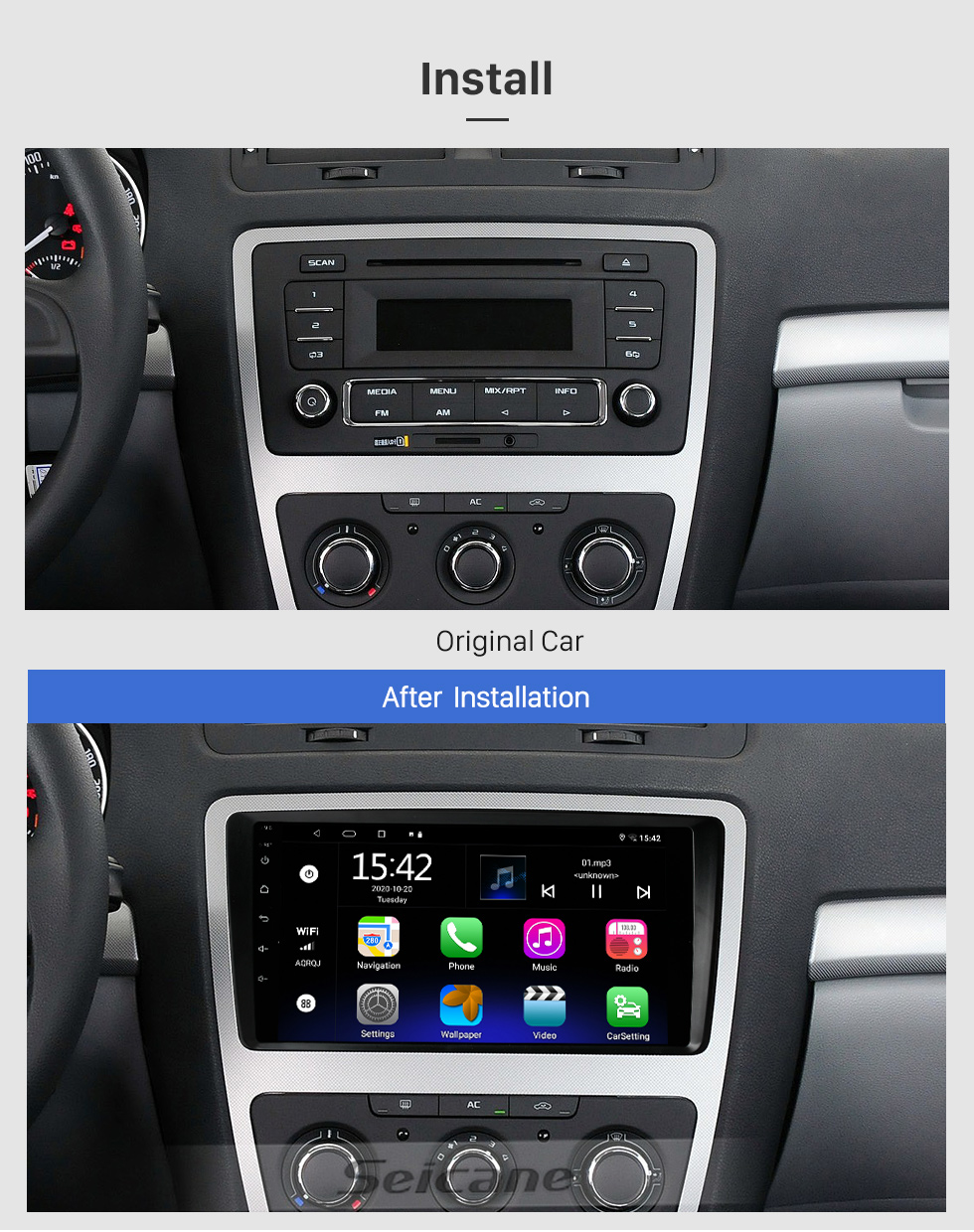 Seicane Android 10.0 HD Touchscreen de 9 polegadas para SKODA OCTAVIA 2014 Sistema de navegação GPS por rádio com suporte para Bluetooth Câmera traseira Carplay