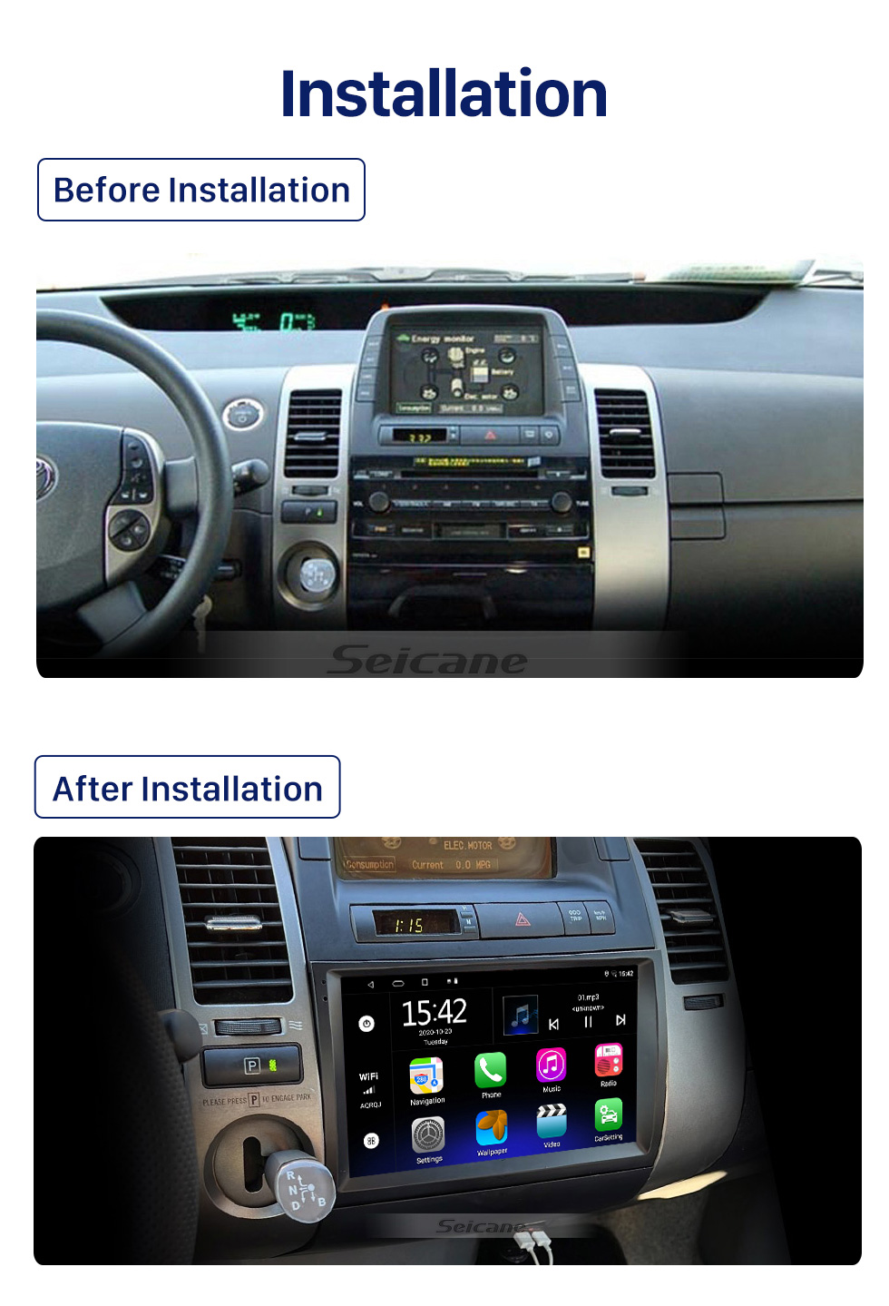Seicane 9 pouces Android 12.0 Unité principale de radio Carplay sans fil pour 2003-2009 TOYOTA PRIUS 20 Prise en charge de la caméra Bluetooth AHD à écran tactile GPS