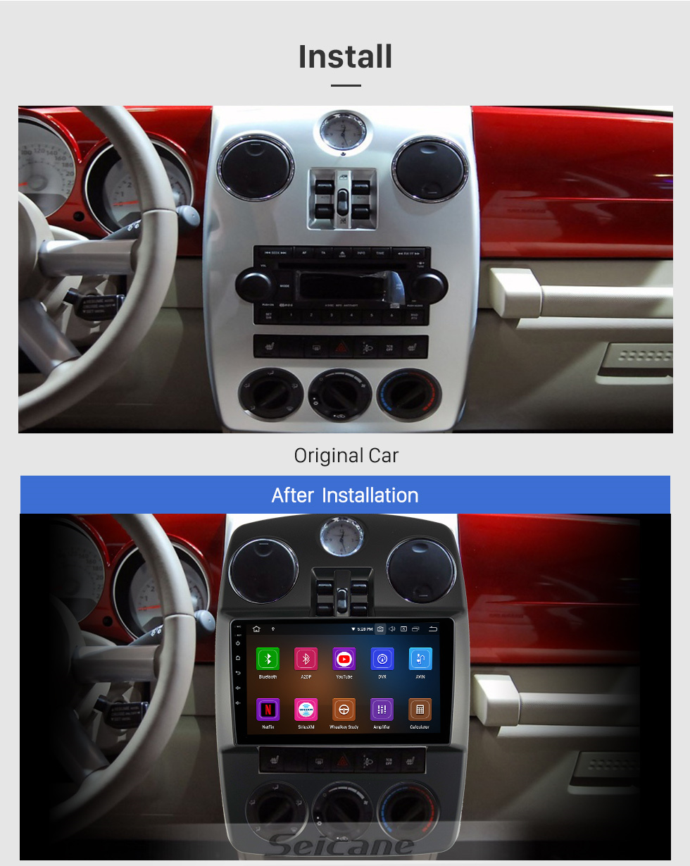 Seicane Reproductor multimedia Android 11.0 de 9 pulgadas para 2010 Chrysler PT Cruiser Pantalla táctil Bluetooth WiFi Soporte GPS Navi DVR Cámara de visión trasera