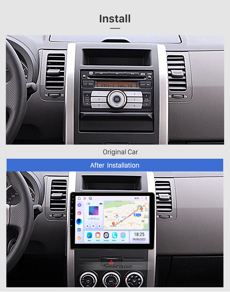 Seicane 10,1 pouces Android 13.0 pour NISSAN X-TRAIL 2007 Système de navigation radio GPS avec support Bluetooth à écran tactile HD Carplay OBD2