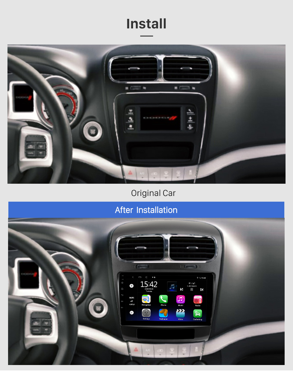 Seicane Tela sensível ao toque HD de 9 polegadas para 2011-2020 Dodge Journey JC 2012-2014 FIAT FREEMONT Sistema de navegação GPS Rádio do carro Bluetooth Wifi Suporte de alta velocidade DVR Câmera de visão traseira