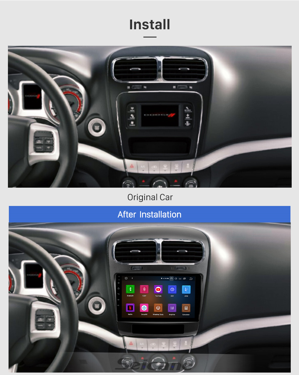 Seicane Tela sensível ao toque HD 9 polegadas Android 13.0 para 2011-2020 Dodge Journey JC 2012-2014 FIAT FREEMONT Rádio GPS Sistema de Navegação Bluetooth Carplay suporte câmera de backup