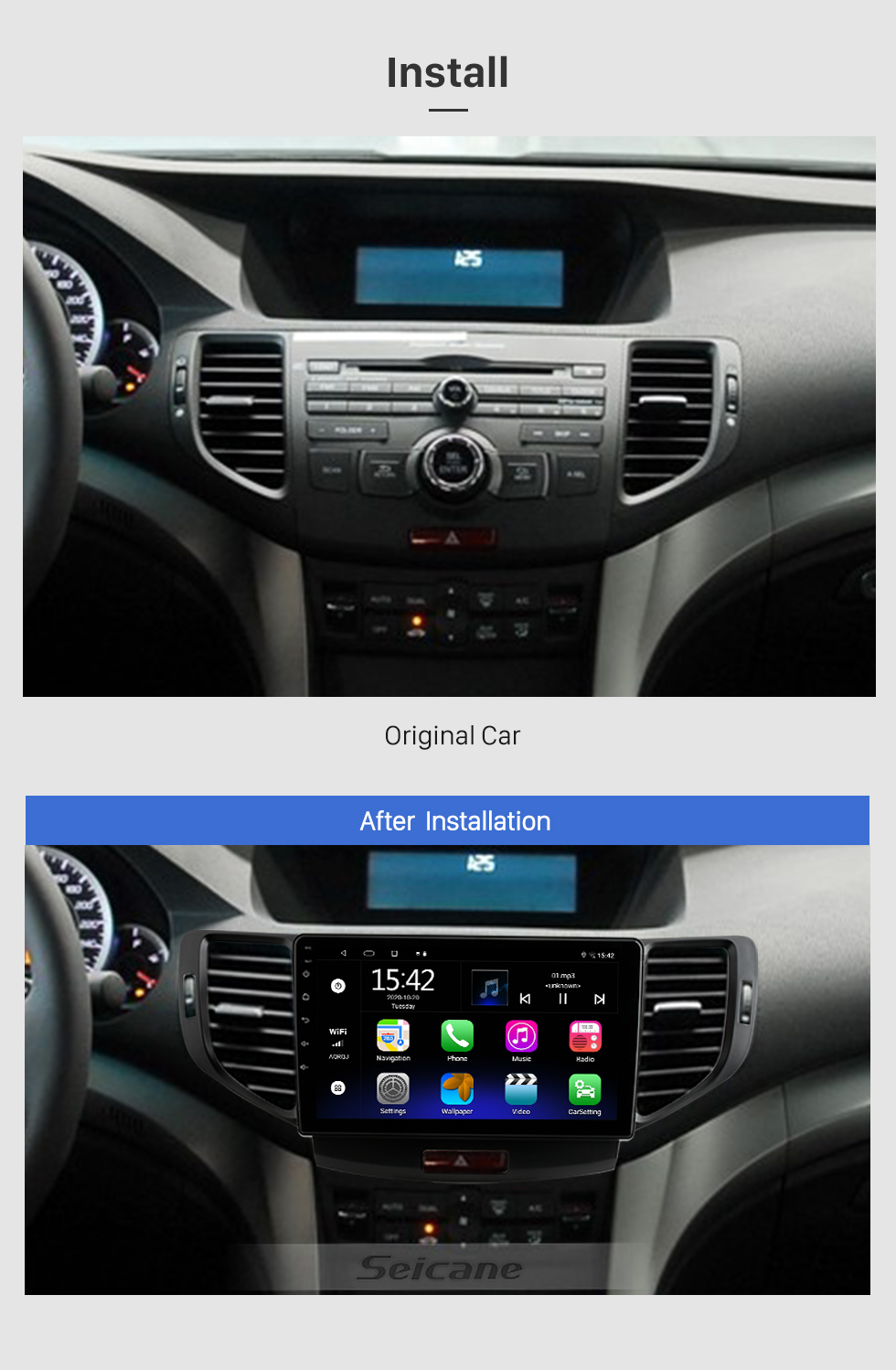Seicane Tela sensível ao toque HD de 9 polegadas para Honda Spirior Auto estéreo para carro 2008-2012 DVD Player Rádio para carro Bluetooth Aftermarket Navegação com suporte ao controle do volante