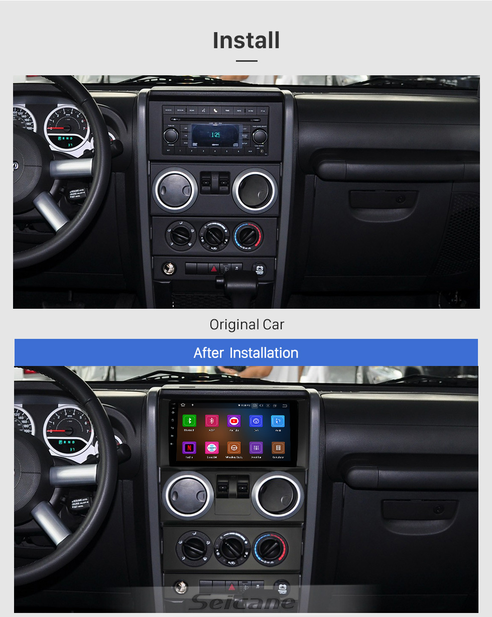 Seicane Pour JEEP WRANGLER RUBICON 2 PORTES UK 2008-2010 Radio 9 pouces Android 11.0 HD Écran tactile Bluetooth avec système de navigation GPS Prise en charge Carplay 1080P