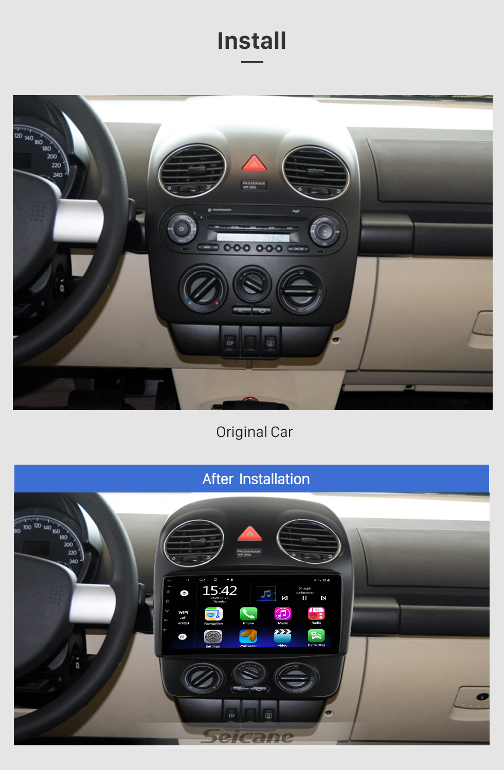Seicane Tela sensível ao toque HD de 9 polegadas para 2010 Volkswagen Beetle Rádio Sistema de áudio para carro Suporte para reparo de rádio para carro câmera de visão traseira