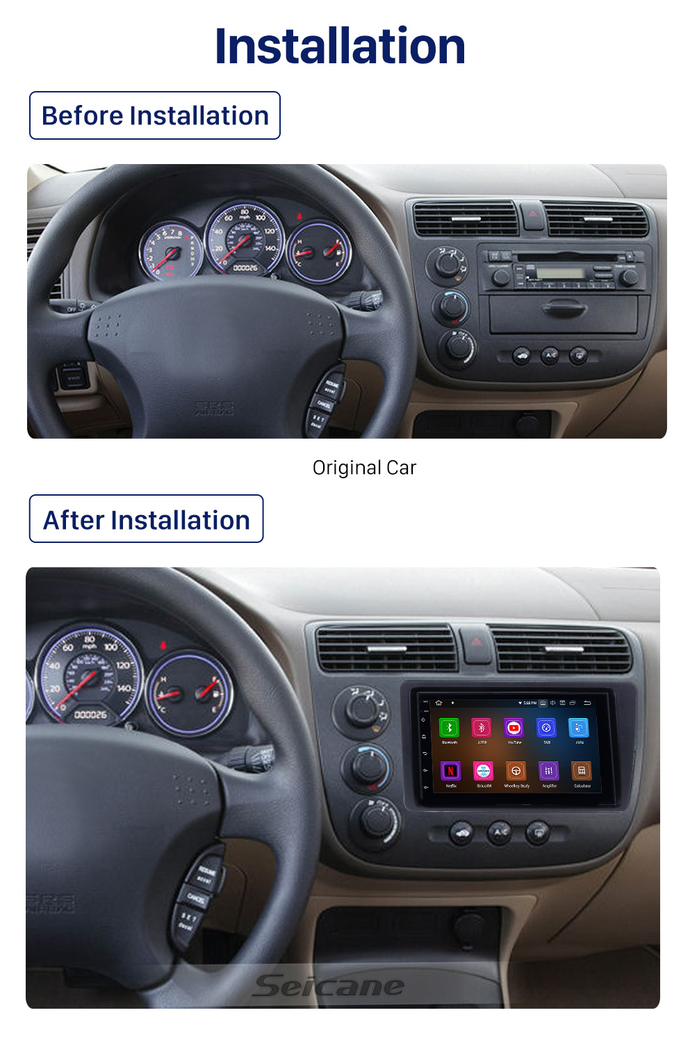 Seicane 7 polegada Android 10.0 Carro Sistema de Navegação GPS Estéreo para 2001-2005 Honda Civic com Wi-fi Bluetooth 1080 P HD Touchscreen AUX apoio FM Link do Espelho OBD2 SWC