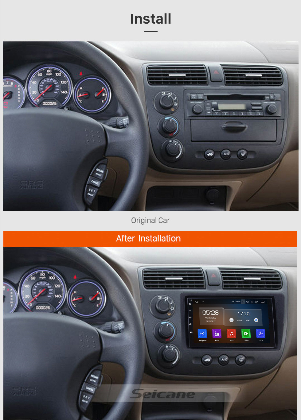 Seicane Multi-touch Android 13.0 Head Unit GPS pour 2001-2005 Honda Civic avec Radio RDS 3G WiFi Bluetooth 1080P Mirror Link OBD2
