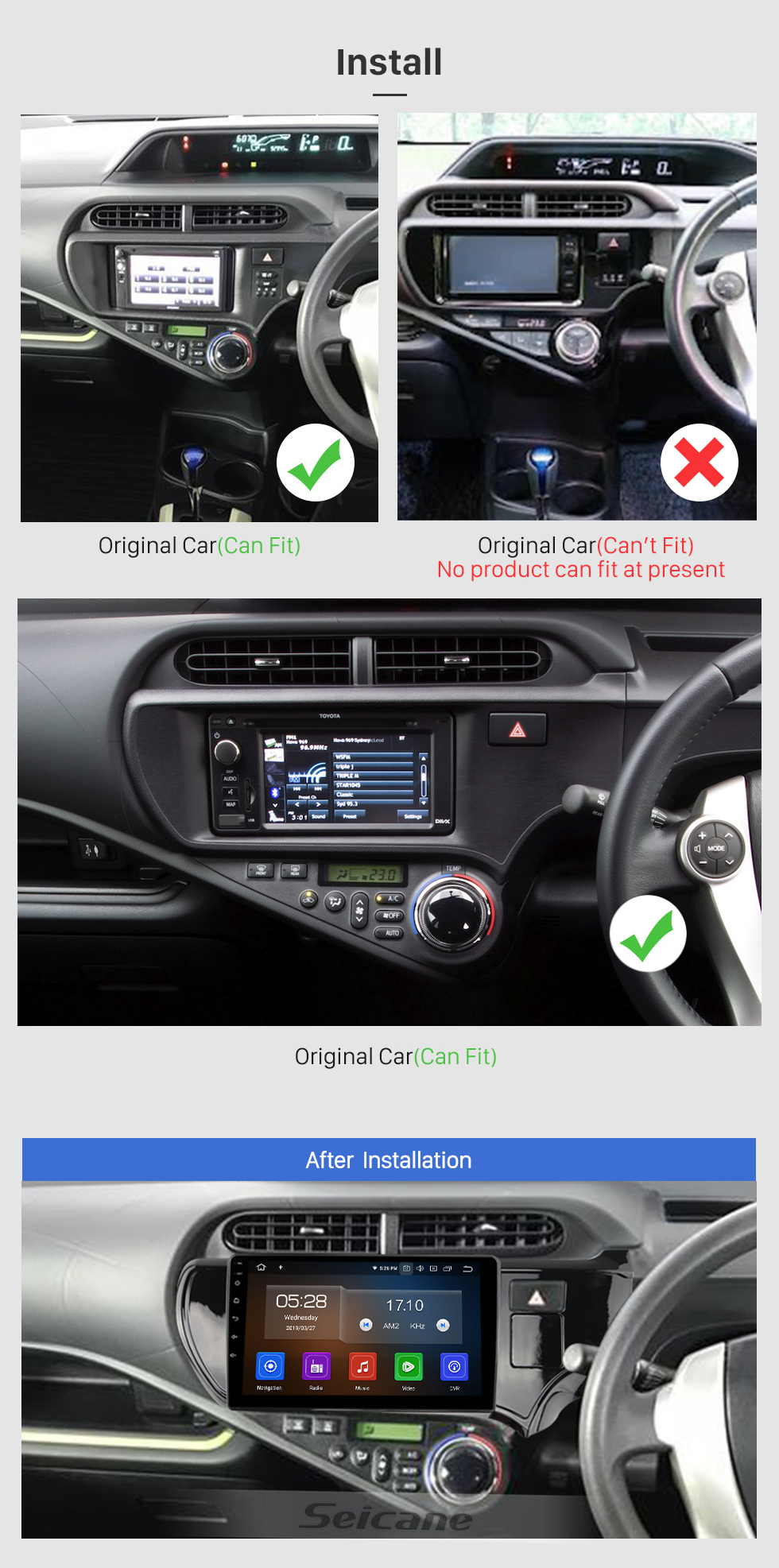 Seicane Écran tactile HD de 9 pouces pour 2012-2014 Toyota AQUA RHD Radio réparation d&amp;amp;amp;#39;autoradio système Audio de voiture Support IPS vue plein écran