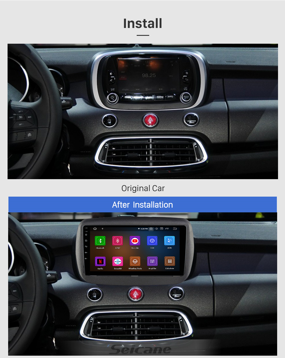 Seicane Tela sensível ao toque HD de 9 &amp;quot;para 2015+ Sistema estéreo estéreo automotivo FIAT 500 com suporte para rádio automotivo Bluetooth 2.5D tela de toque curva