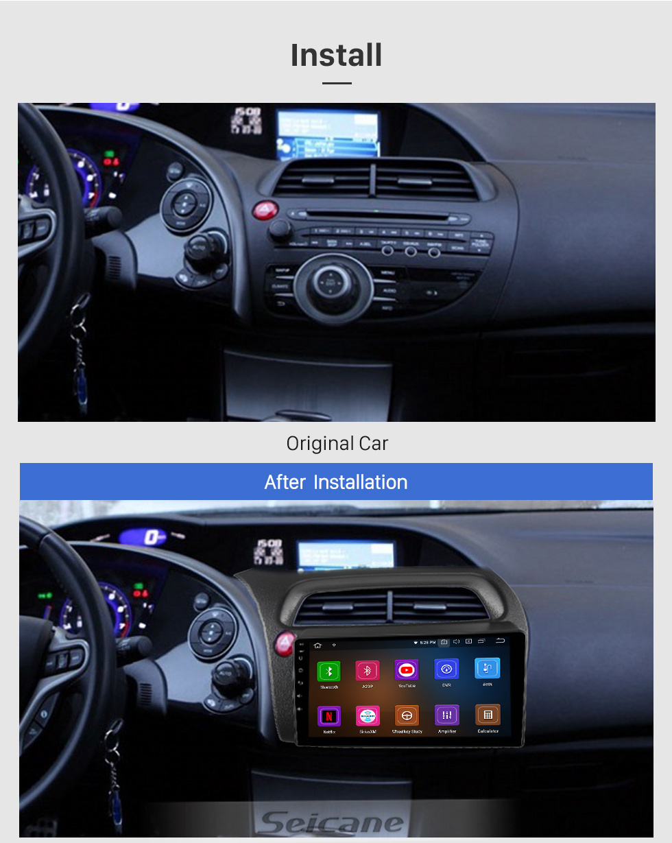 Seicane Écran tactile HD de 9 pouces pour 2005 Honda Civic Europea LHD Autoradio autoradio lecteur stéréo système stéréo de voiture prise en charge 2.5D écran tactile incurvé
