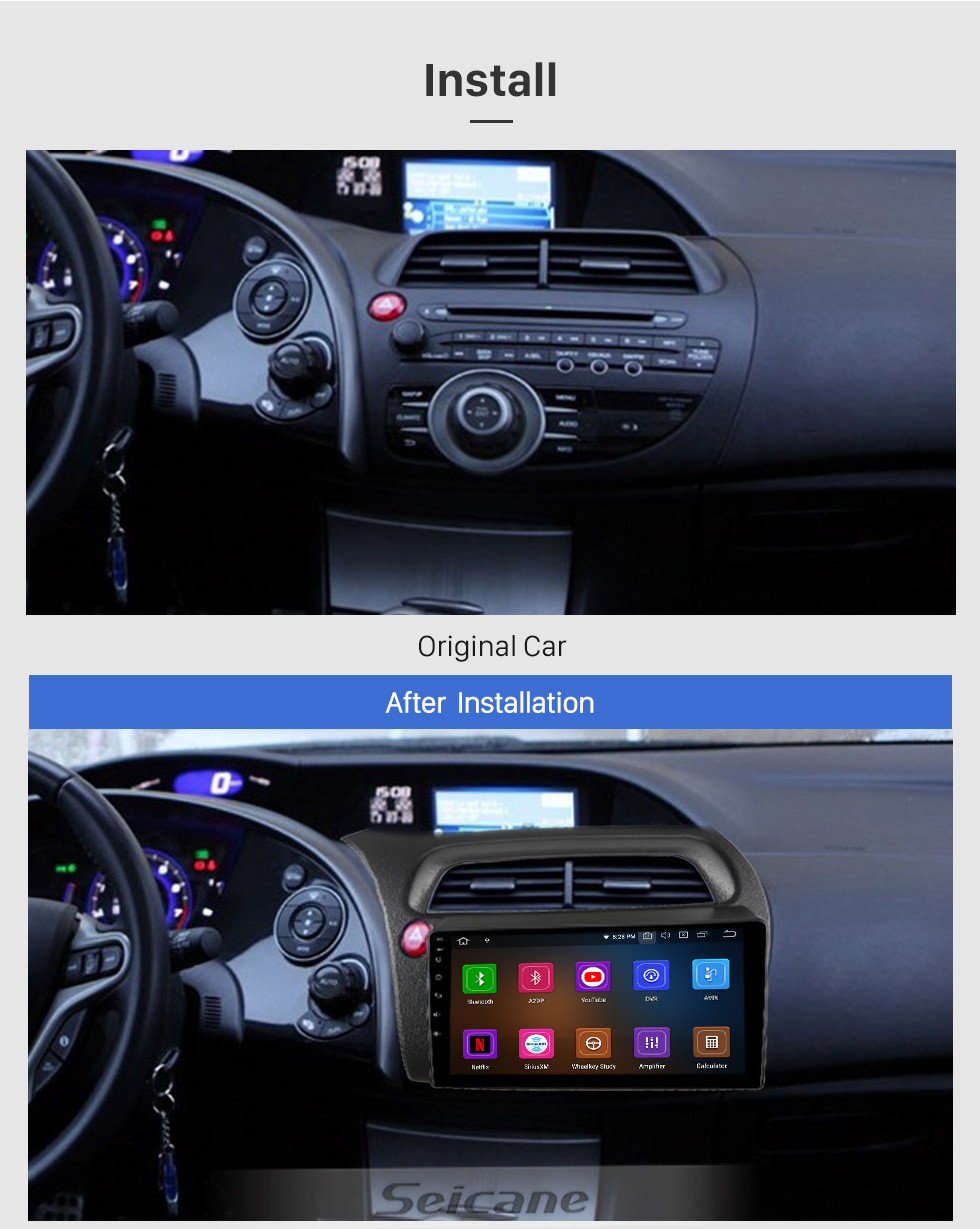 Seicane Pantalla táctil HD de 9 pulgadas para 2005 Honda Civic Europea LHD Autoradio Radio para automóvil Reproductor estéreo Sistema estéreo para automóvil Soporte Pantalla táctil curva 2.5D