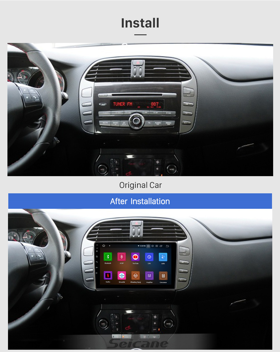 Seicane Tela sensível ao toque HD de 9 polegadas para reprodutor multimídia FIAT BRAVO de 2006+, estéreo de carro com Bluetooth Wifi Compatível com reprodutor de vídeo 1080P