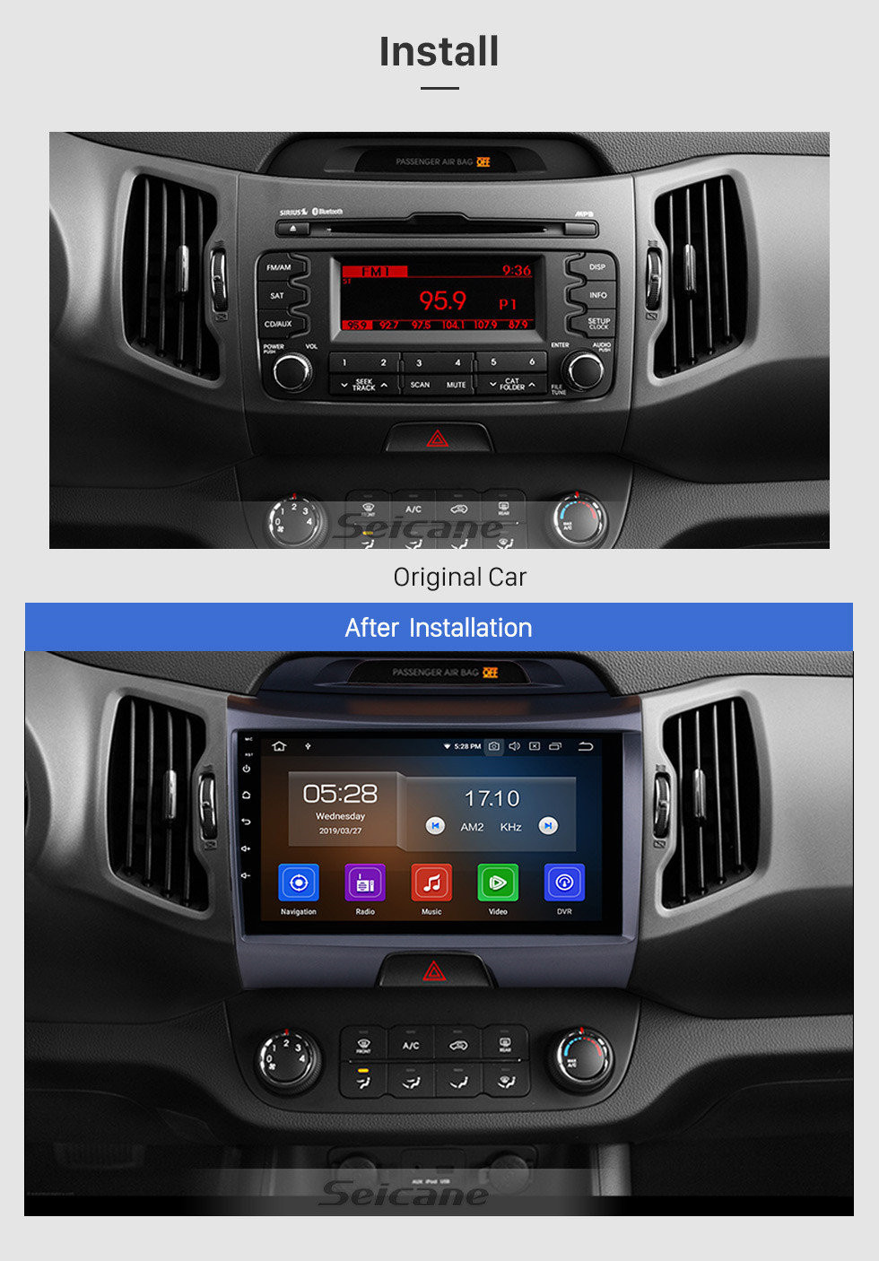 Seicane 9 pouces Android 11.0 Radio à écran tactile Bluetooth Système de navigation GPS Bluetooth pour 2011-2015 KIA Sportage R avec TPMS DVR OBD II USB SD 3G WiFi Caméra arrière Commande au volant HD 1080P Vidéo AUX