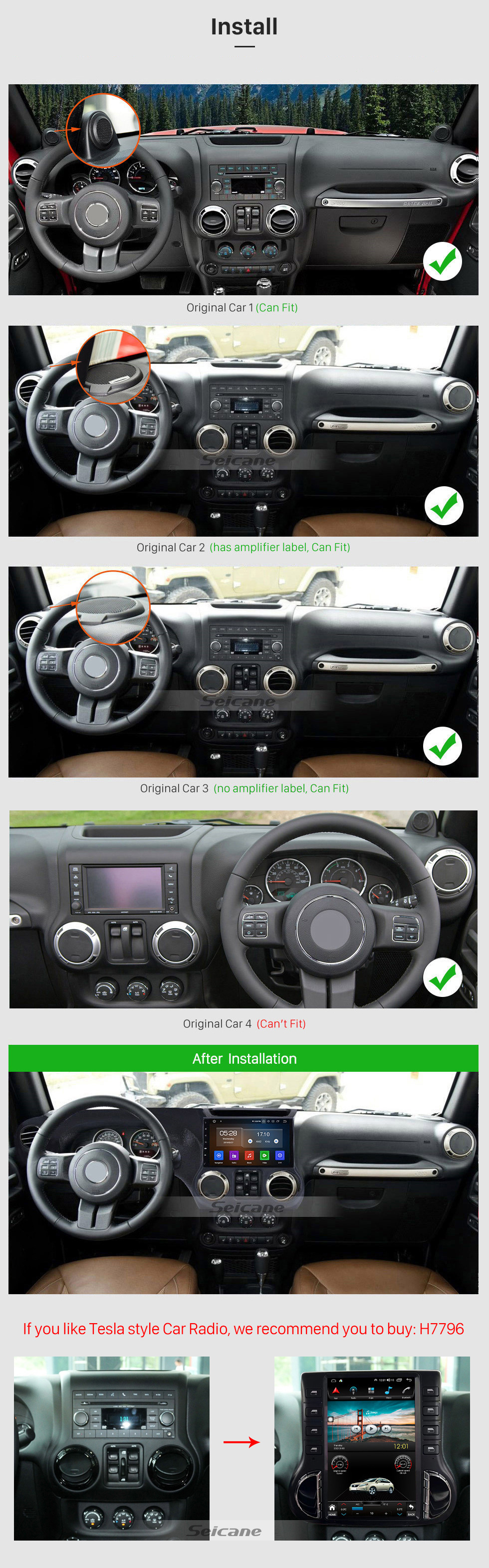 Seicane 10.1 Polegada Android 12.0 Rádio com tela sensível ao toque Para 2011 2012-2017 JEEP Wrangler Bluetooth Music GPS Navigation Built-in Carplay Android Auto Support Steering Wheel Control