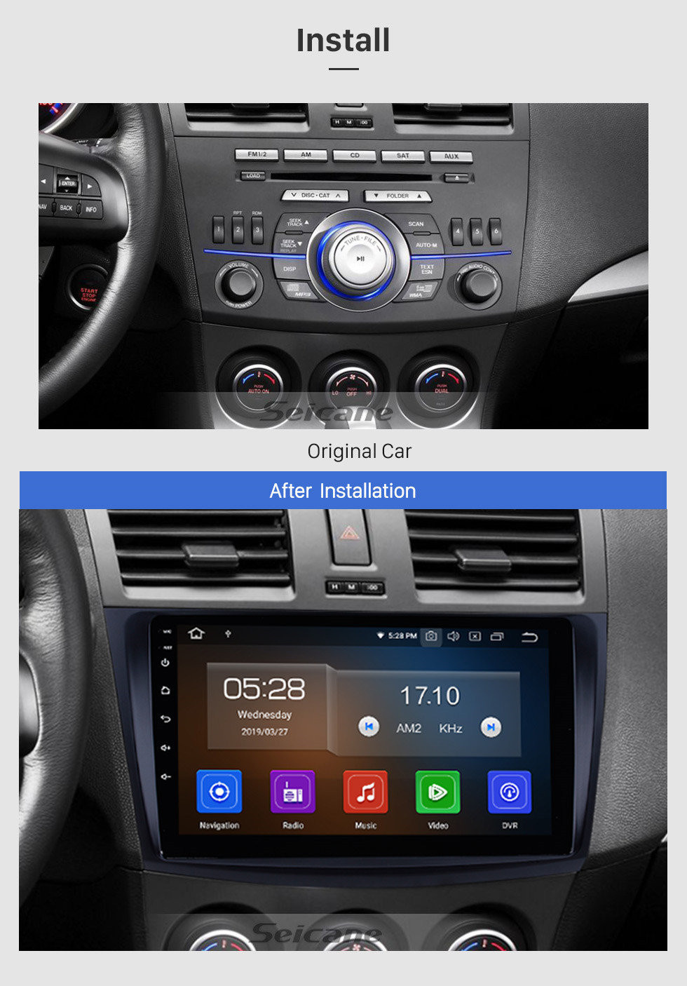 Seicane 9 pouces pour 2009-2012 Mazda 3 Axela HD système de navigation GPS à écran tactile Android 11.0 Support Bluetooth Caméra arrière Commande au volant DVR OBD II