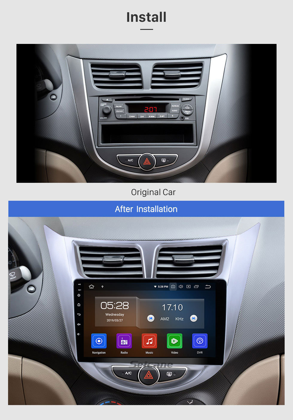 Seicane Écran tactile HD 9 pouces Android 11.0 Système de navigation GPS pour 2011 2012 2013 HYUNDAI Verna avec IPS Affichage plein écran DVR OBD II Bluetooth 3G / 4G WiFi Vidéo AUX Caméra arrière