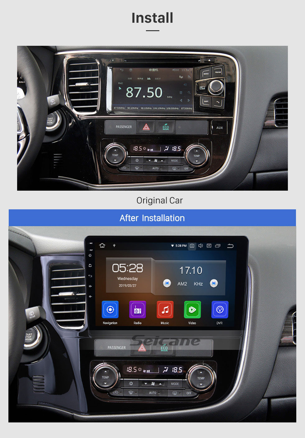 Seicane Android 9.0 Navegación GPS para 2014 2015 2016 2017 Mitsubishi Outlander HD Pantalla táctil Bluetooth Radio Wifi SWC 1080P Carplay USB DAB OBD2