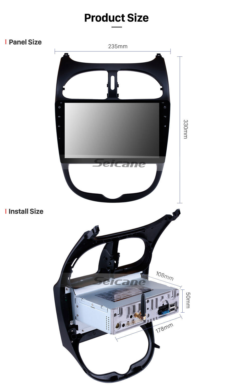 Seicane 2000-2016 PEUGEOT 206 Android 9.0 Pantalla táctil de 9 pulgadas Unidad principal GPS Navi Radio SWC Bluetooth FM Espejo Enlace Wifi Carplay USB Copia de seguridad USB Vista posterior Soporte para reproductor de DVD