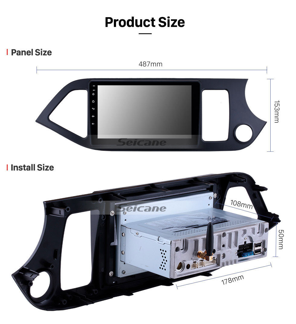 Seicane 9 pouces Android 11.0 Système de navigation GPS Radio pour 2011-2014 Kia Morning RHD Lien miroir HD 1024 * 600 écran tactile OBD2 DVR Caméra de recul TV 1080P Vidéo 3G WIFI Commande au volant Bluetooth USB