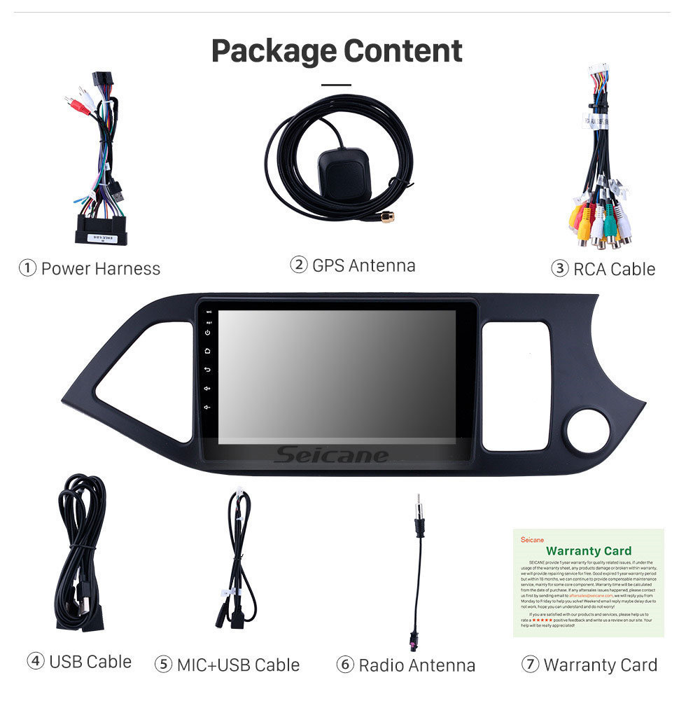 Seicane 9 pouces Android 11.0 Système de navigation GPS Radio pour 2011-2014 Kia Morning RHD Lien miroir HD 1024 * 600 écran tactile OBD2 DVR Caméra de recul TV 1080P Vidéo 3G WIFI Commande au volant Bluetooth USB