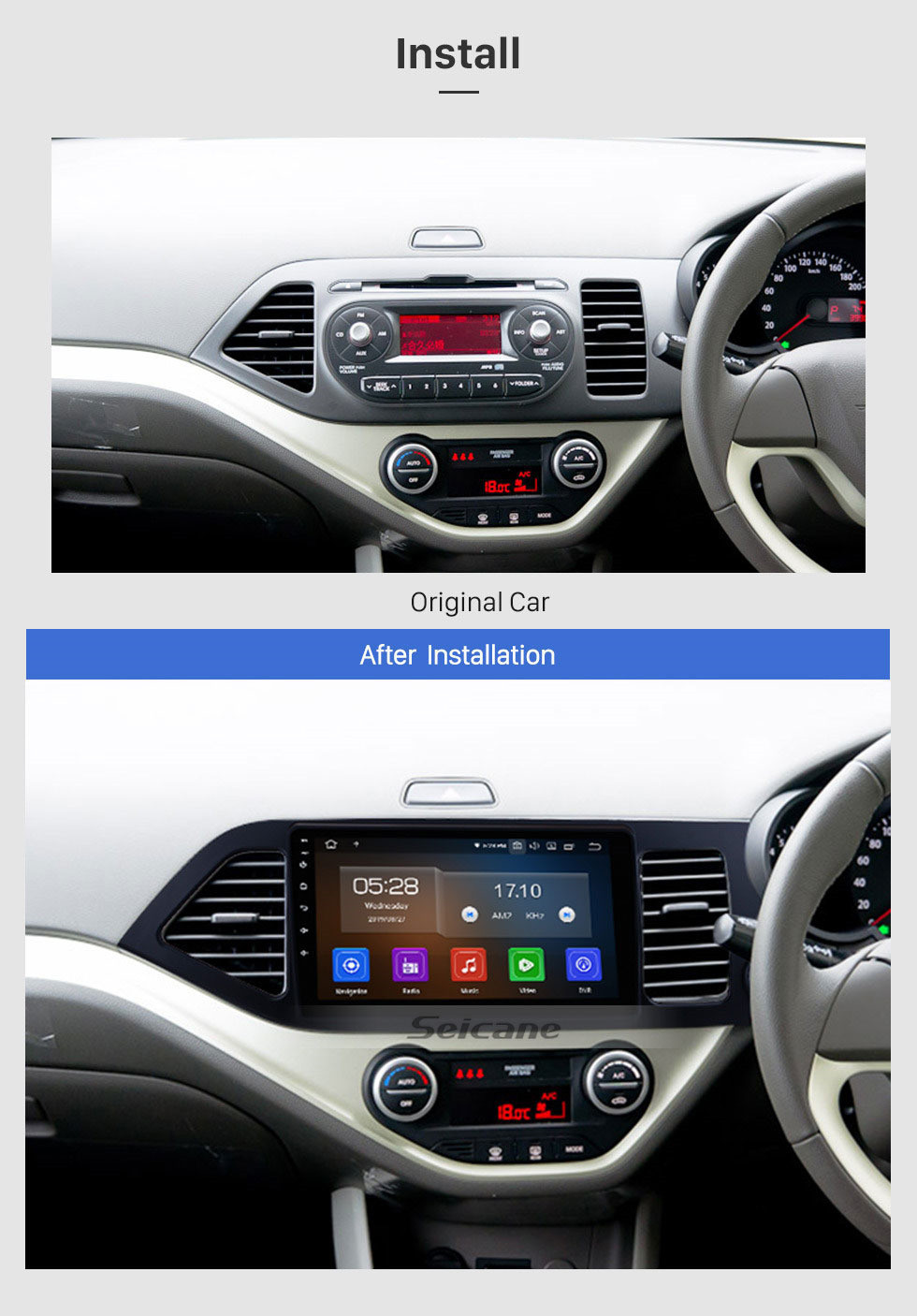 Seicane 9-дюймовый Android 11.0 GPS навигационная система Радио для 2011-2014 Kia Morning RHD Зеркальная связь HD 1024 * 600 с сенсорным экраном OBD2 DVR Камера заднего вида ТВ 1080P Видео 3G WIFI Управление рулевого колеса Bluetooth USB