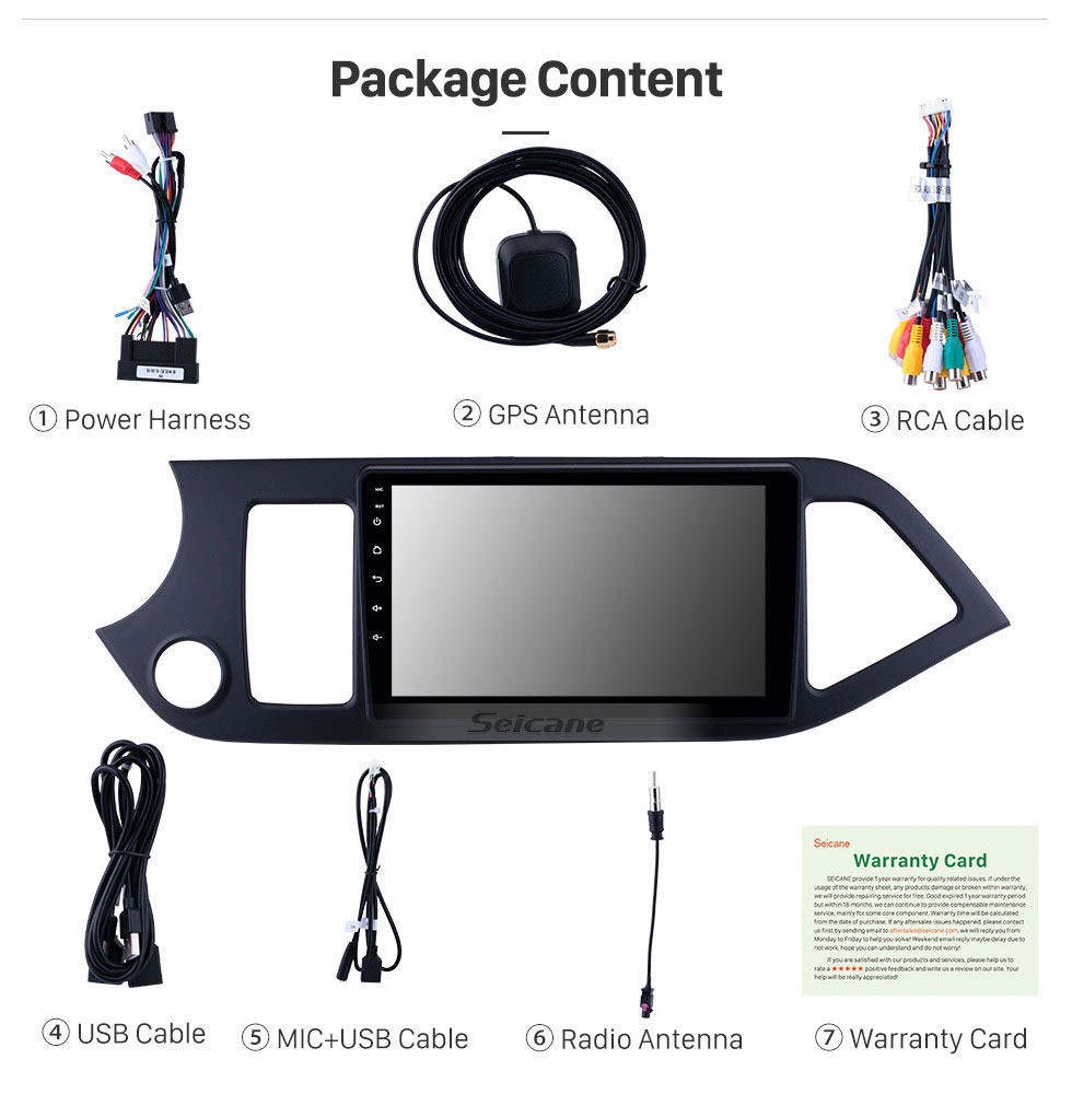 Seicane 9 pulgadas 2011 2012 2013 2014 Kia Picanto Morning Android 11.0 Sistema de navegación GPS Pantalla táctil Bluetooth Radio AM / FM AUX 3G / 4G WiFi DVR Auto AV Control del volante Cámara de respaldo Reproductor de DVD