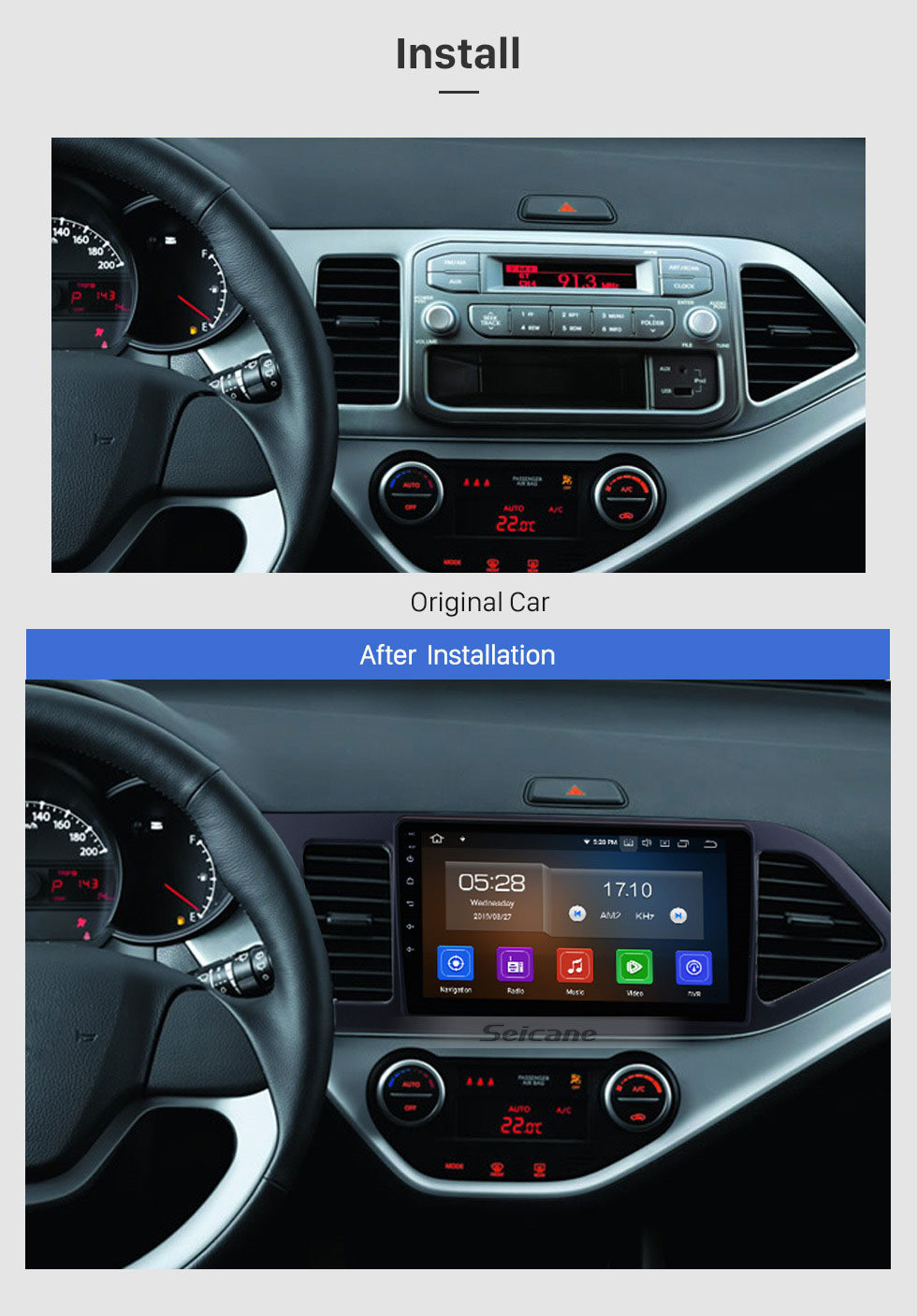 Seicane 9 дюймов 2011 2012 2013 2014 Kia Picanto Morning Android 11.0 GPS Навигационная система Сенсорный экран Bluetooth AM / FM-радио AUX 3G / 4G WiFi DVR Авто AV Управление рулевым колесом Резервная камера DVD-плеер