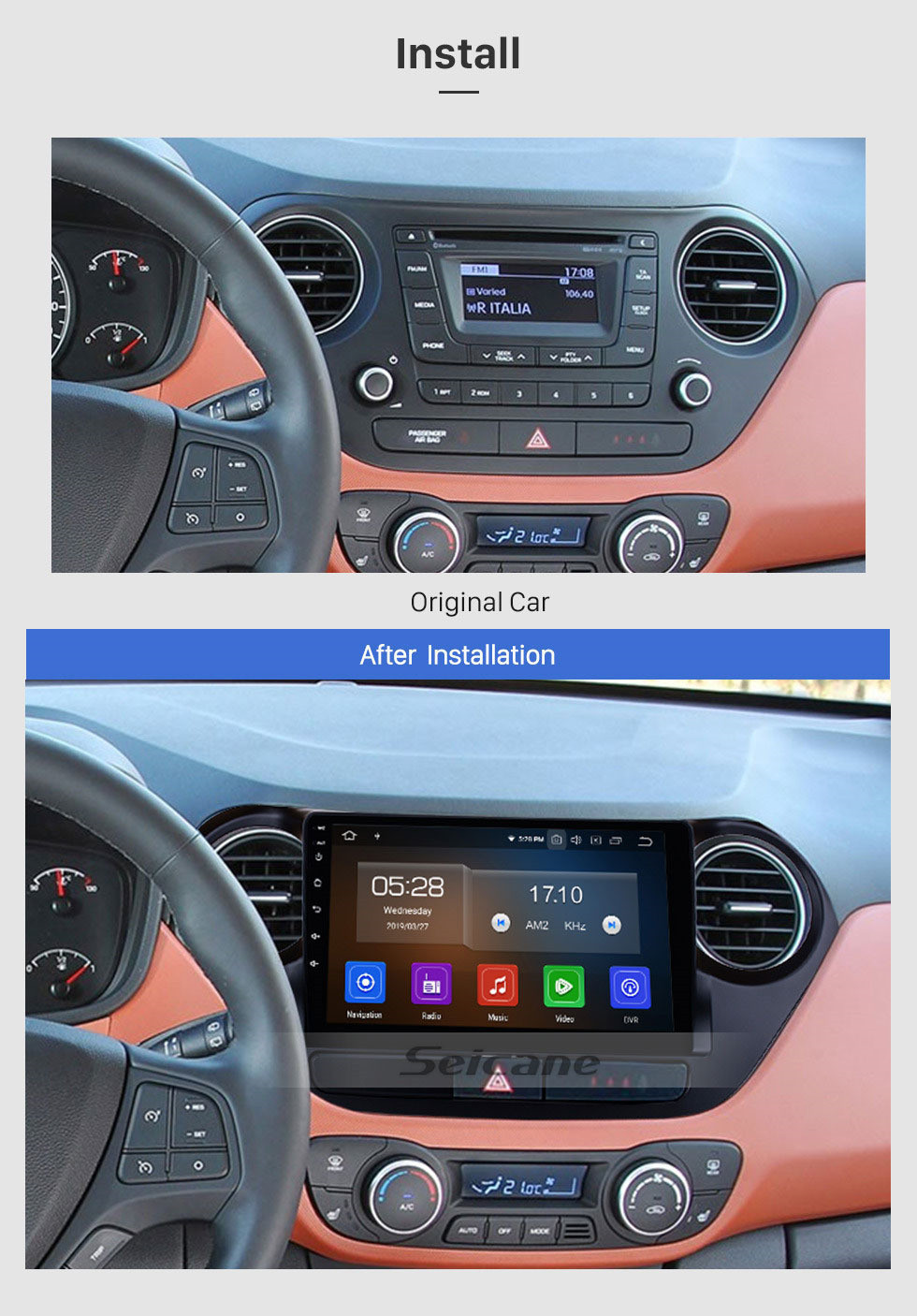 Seicane 9 pouces Android 11.0 Système de navigation GPS Radio à écran tactile HD 2013-2016 Hyundai I10 (LHD) Soutien OBD2 Bluetooth Lecteur de DVD DVR Caméra de vision arrière TV Vidéo Commande au volant WIFI