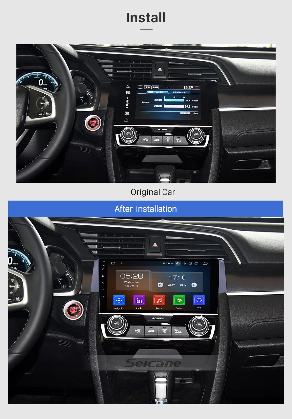 Seicane Android 11.0 9 pouces 1024 * 600 Radio à écran tactile pour 2016 Honda civic avec système de navigation GPS Bluetooth 3G / 4G Lien lien miroir rétroviseur Commande de volant 1080p vidéo
