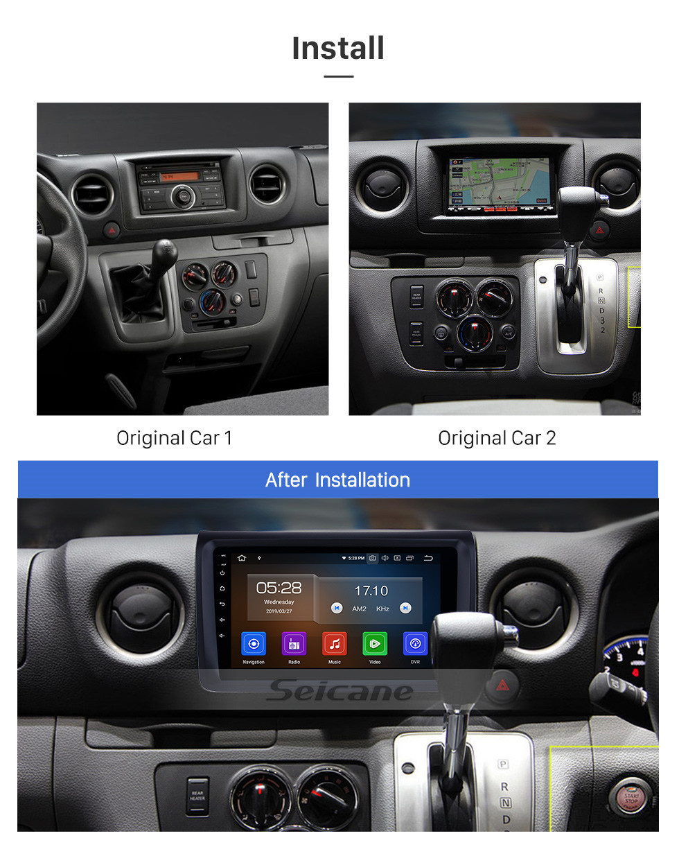 Seicane Écran tactile HD 9 &amp;quot;Aftermarket Android 11.0 Autoradio GPS Navi Unité principale pour NISSAN NV350 avec musique Bluetooth Prise en charge WiFi USB Lecteur de DVD Carplay OBD Commande au volant TV numérique