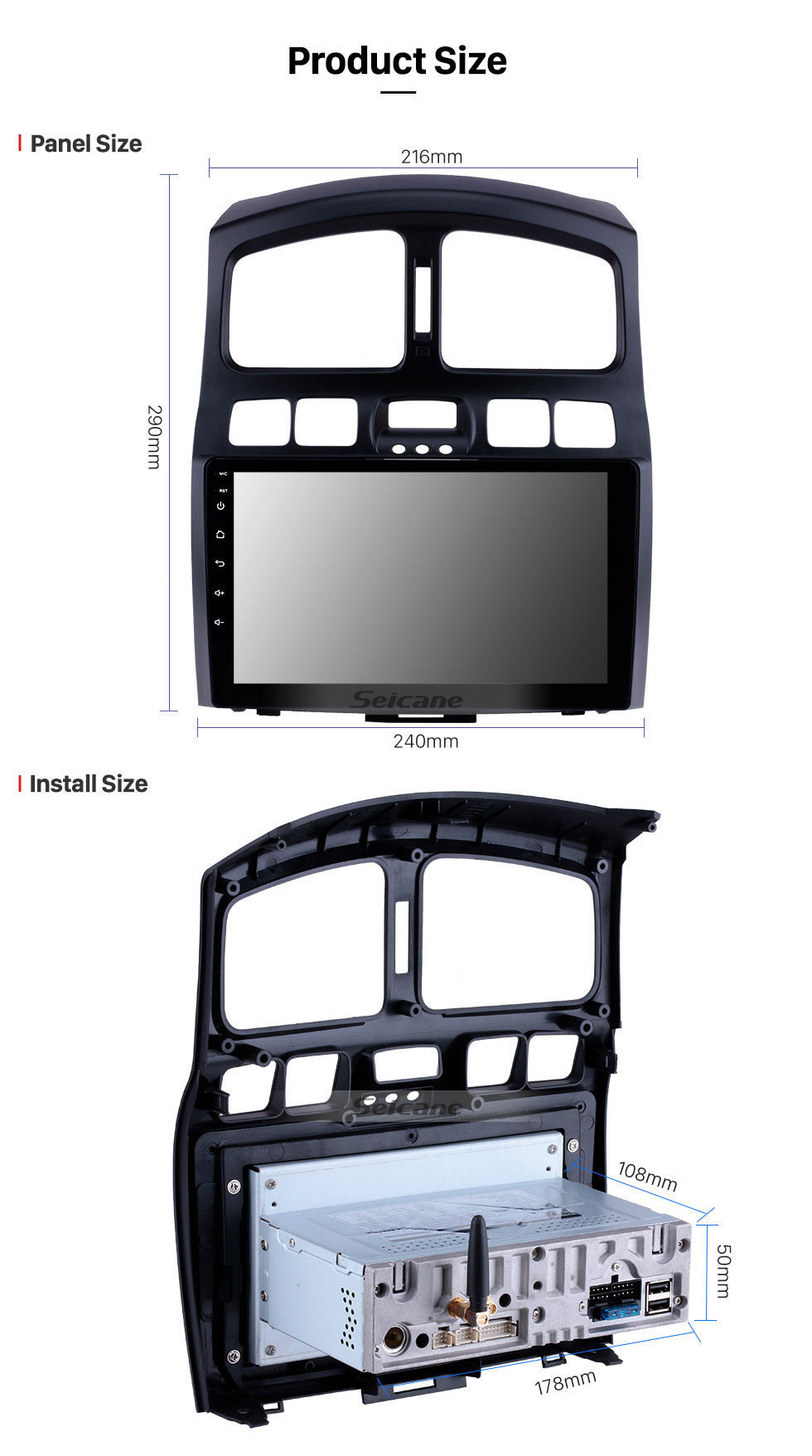 Seicane  Pantalla táctil HD 9 pulgadas Android 11.0 Navegación GPS auto Estéreo para 2005 2006 2007 2008 2009-2015 Hyundai Santa Fe Bluetooth Teléfono Espejo Enlace WIFI USB Carplay compatible DVR