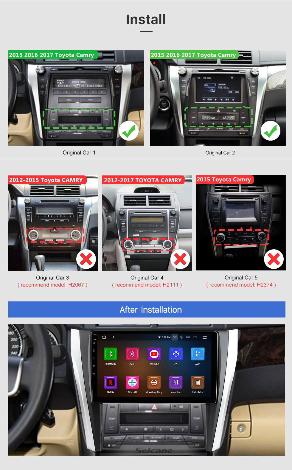 Seicane 10.1 pulgadas Android 11.0 Radio Bluetooth para 2015 2016 2017 Toyota CAMRY 3G WiFi Sistema de navegación GPS TPMS DVR OBD II Cámara trasera AUX Reposacabezas Monitor Control USB SD Video 3G WiFi Pantalla táctil capacitiva