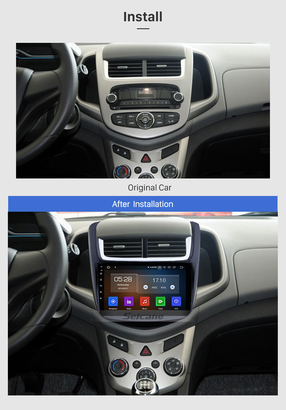 Seicane 9 polegadas 2014 Chevy Chevrolet Aveo HD Tela sensível ao toque GPS Rádio Navegação de substituição Bluetooth Música WiFi Suporte para sintonizador de TV DVR AUX Leitor de DVD 3G Controle de volante