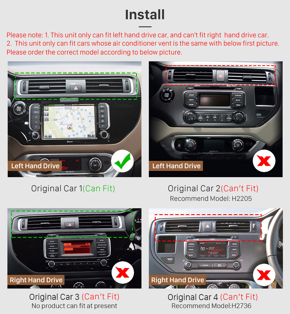 Seicane 2012-2015 Kia Rio LHD Android 11.0 9 pulgadas Navegación GPS Radio Bluetooth HD Pantalla táctil USB Carplay Soporte de música TPMS DAB + 1080P Enlace de espejo de video