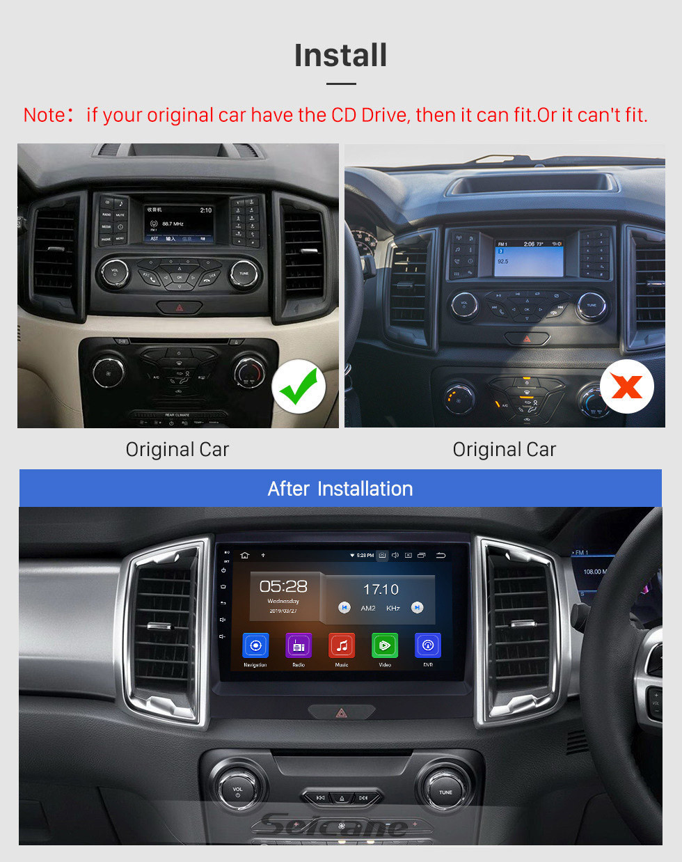 Seicane 2015 Ford Ranger Pantalla táctil Android 11.0 9 pulgadas Navegación GPS Radio Bluetooth Reproductor multimedia Carplay Música AUX soporte TV digital 1080P