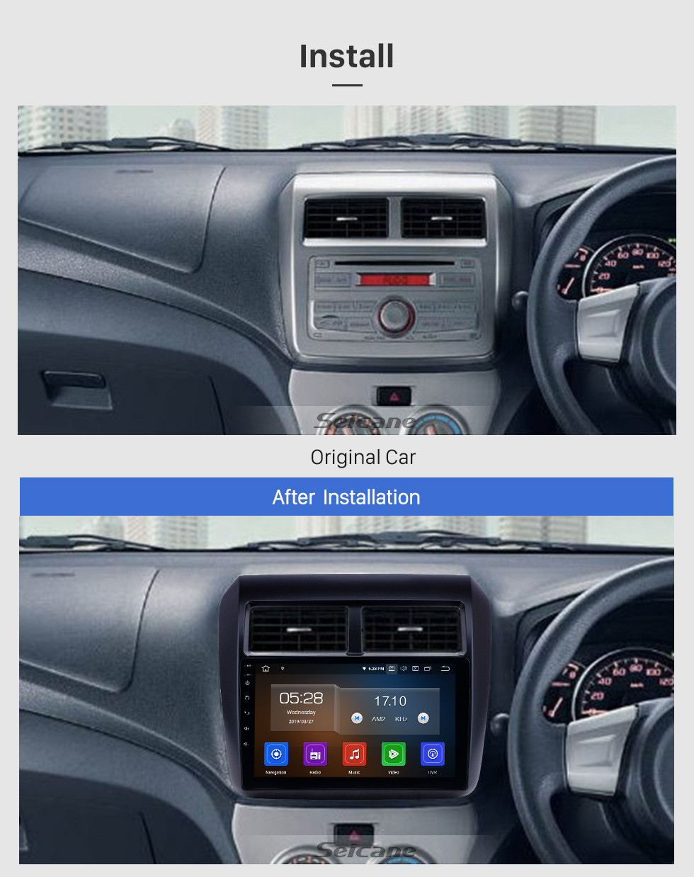 Seicane OEM 9 pulgadas Android 11.0 Radio para 2013-2019 Toyota AGYA / WIGO Bluetooth Wifi HD Pantalla táctil Navegación GPS Carplay Soporte USB OBD2 TV digital TPMS DAB +